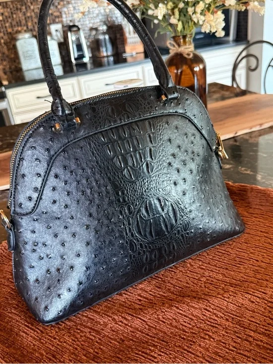 Adrienne Vittadini Embossed Satchel Handbag – Black Ostrich Croc Texture - Picture 6 of 8